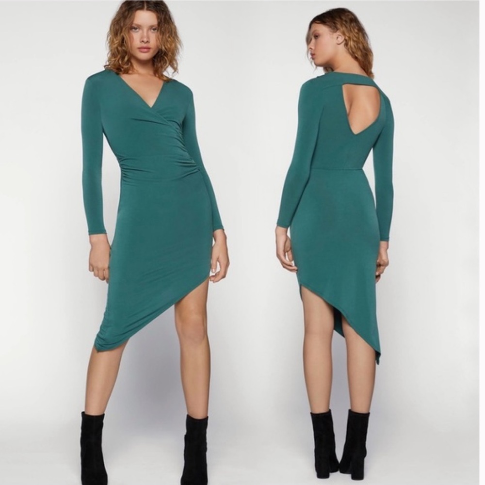 BCBGeneration Dark Green Asymetric Ruched Dress XS